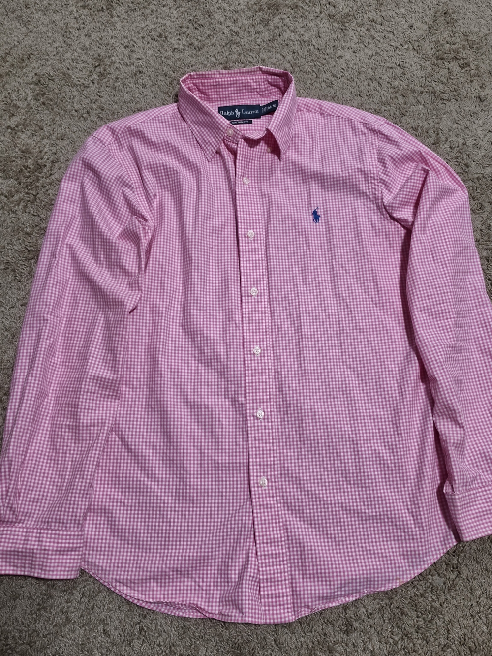 Vintage 90s Ralph Lauren Pink Gingham Button-Down Shirt with Navy Polo Logo Sz M